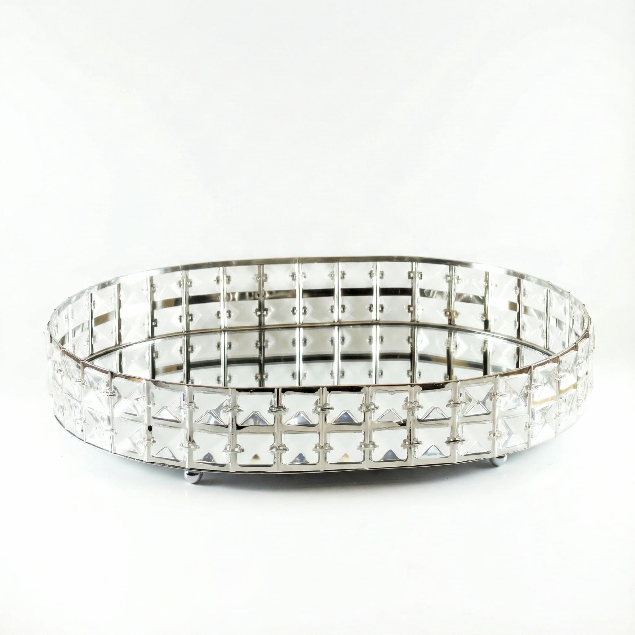 Altın Gold Kristal Taşlı Yuvarlak Aynalı Tepsi Lüks Nişan Düğün Sunum Standı - Görsel 2