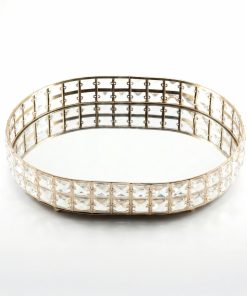 Altın Gold Kristal Taşlı Yuvarlak Aynalı Tepsi Lüks Nişan Düğün Sunum Standı