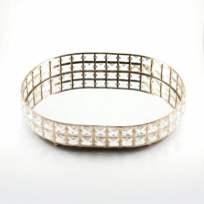 Altın Gold Kristal Taşlı Yuvarlak Aynalı Tepsi Lüks Nişan Düğün Sunum Standı