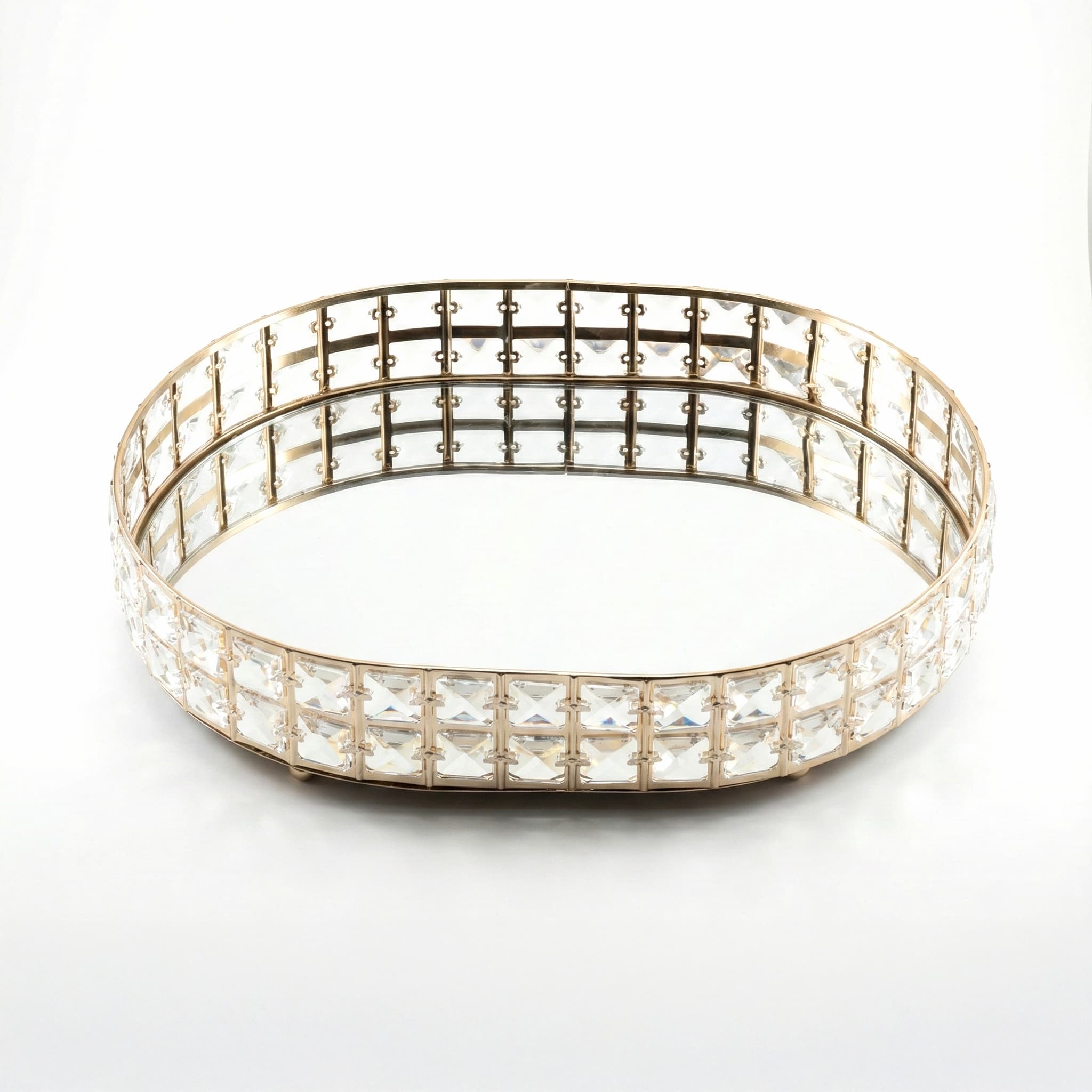 Altın Gold Kristal Taşlı Yuvarlak Aynalı Tepsi Lüks Nişan Düğün Sunum Standı