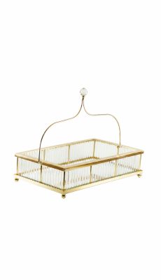 Altın Gold Aynalı Dikdörtgen Tepsi Kristal Tutamaklı Ayaklı Lüks İkram Tepsisi