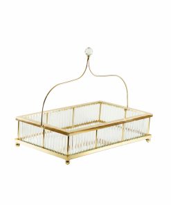 Altın Gold Aynalı Dikdörtgen Tepsi Kristal Tutamaklı Ayaklı Lüks İkram Tepsisi