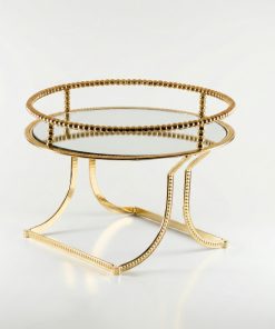 Altın Gold Yuvarlak Aynalı 2 Katlı Sunum Standı Kavisli Ayaklı Pasta Tepsisi