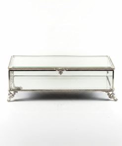 Gümüş Silver Cam Kapaklı Dikdörtgen Mücevher Kutusu Ayaklı Vintage Takı Sandığı