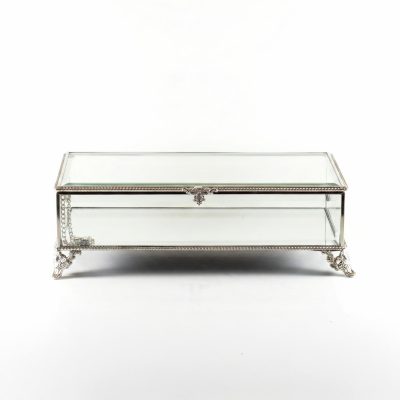 Gümüş Silver Cam Kapaklı Dikdörtgen Mücevher Kutusu Ayaklı Vintage Takı Sandığı