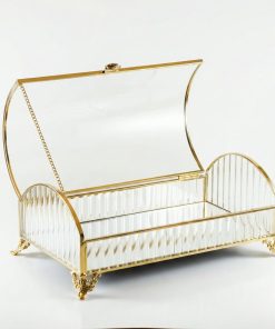 Altın Gold Kapaklı Cam Mücevher Kutusu Aslan Ayaklı Klasik Çeyiz Sandığı