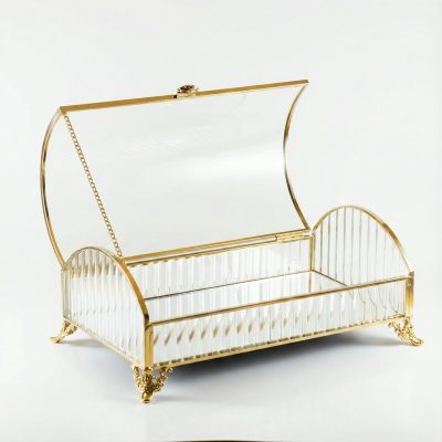 Altın Gold Kapaklı Cam Mücevher Kutusu Aslan Ayaklı Klasik Çeyiz Sandığı