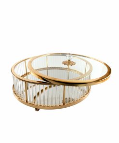 Altın Gold Aynalı Servis Tepsisi Kristal Detaylı Tekerlekli Lüks Sunum Tepsisi